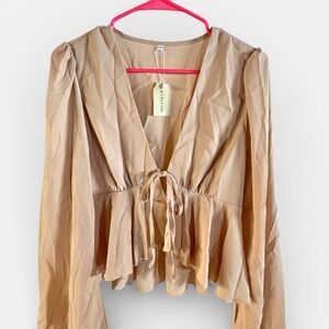 Beige Tie-Front Ruffle Blouse